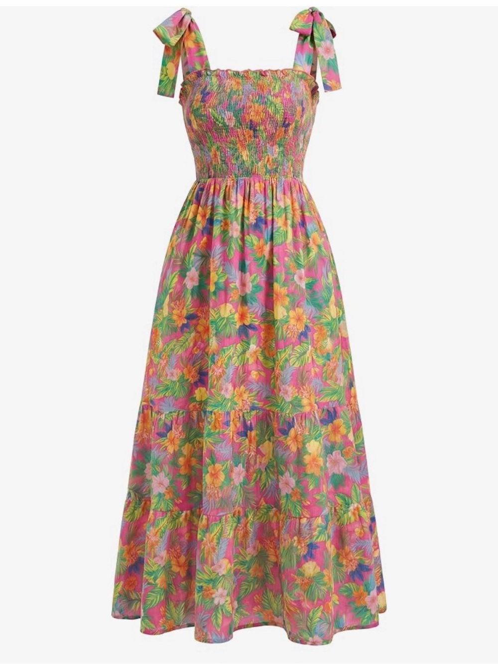 Floral Tie-Shoulder Smocked Maxi Dress - Pink Multi